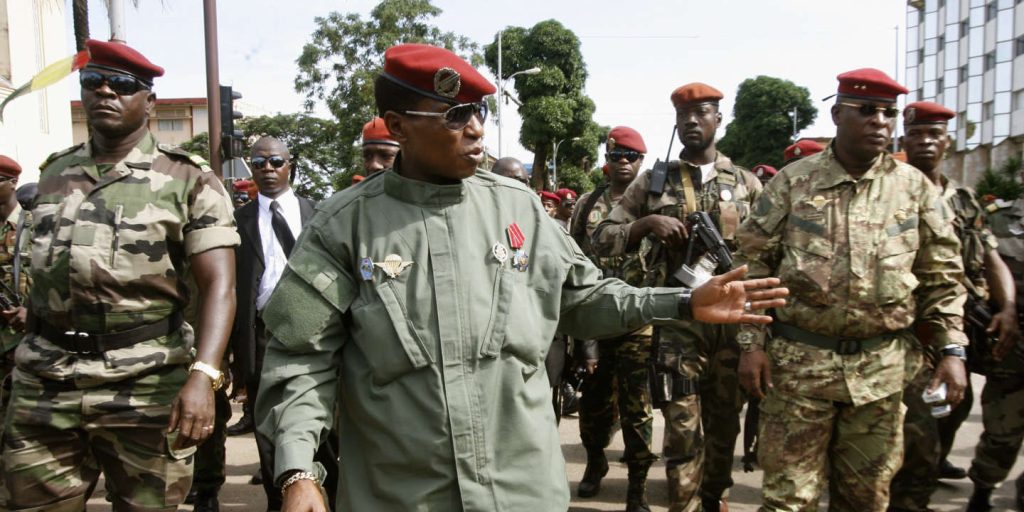 Captain Moussa Dadis Camara and General Sekouba Konate arrive to pay homage at Martyrs Place in Conakry
